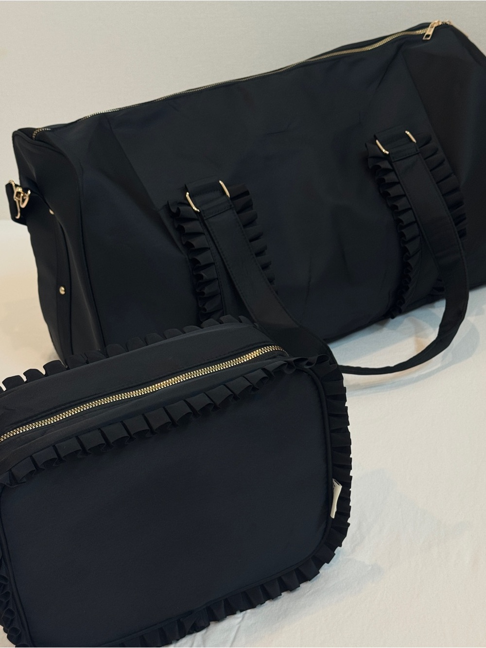 Black Ruffle-Trim Travel/Gym Tote and Cosmetic Bag Set